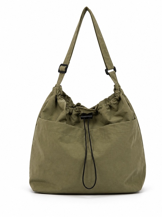 Handbags - Nylon Olive Green Drawstring Shoulder Bag